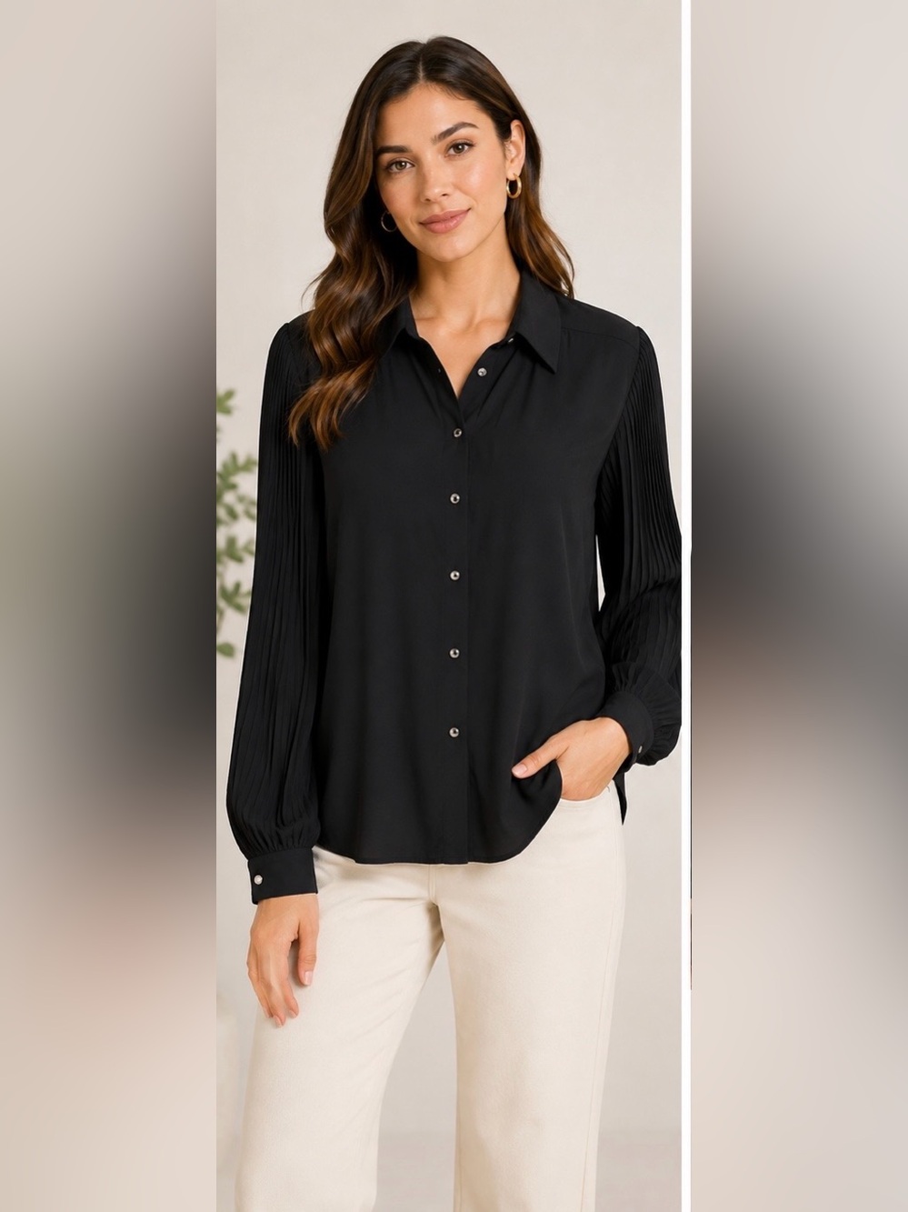NWT Tahari Black Pleated Sleeve Button Front Blouse Top Size Large